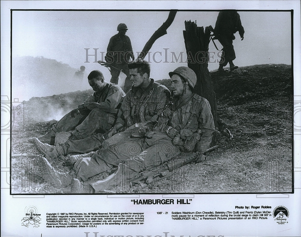 1987 Press Photo D. Cheadle, T. Quill, D. McDermott &quot;Hamburger Hill&quot;- Historic Images