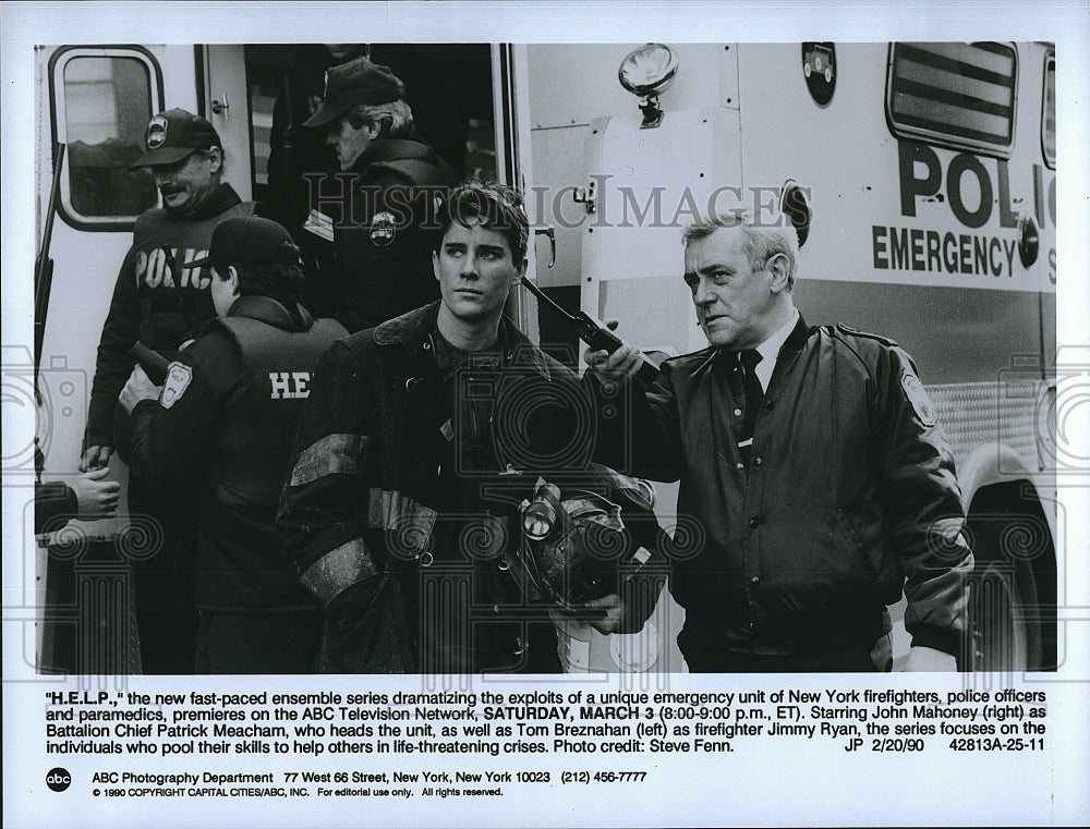 1990 Press Photo John Mahoney, Tom Breznahan, &quot;H.E.L.P.&quot;- Historic Images