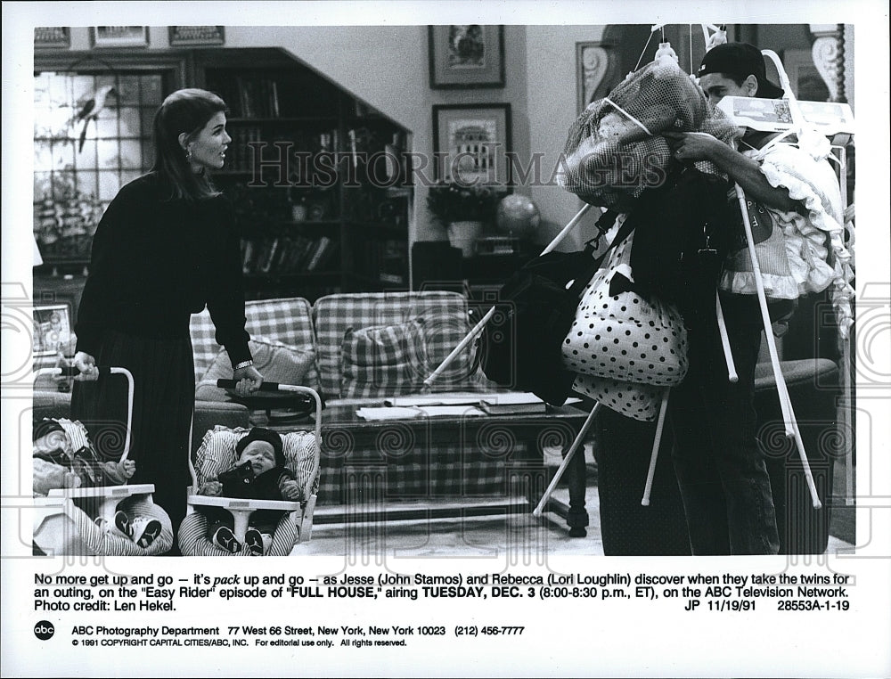 1991 Press Photo John Stamos, Lori Loughlin, &quot;Easy Rider&quot; on &quot;Full House&quot;- Historic Images