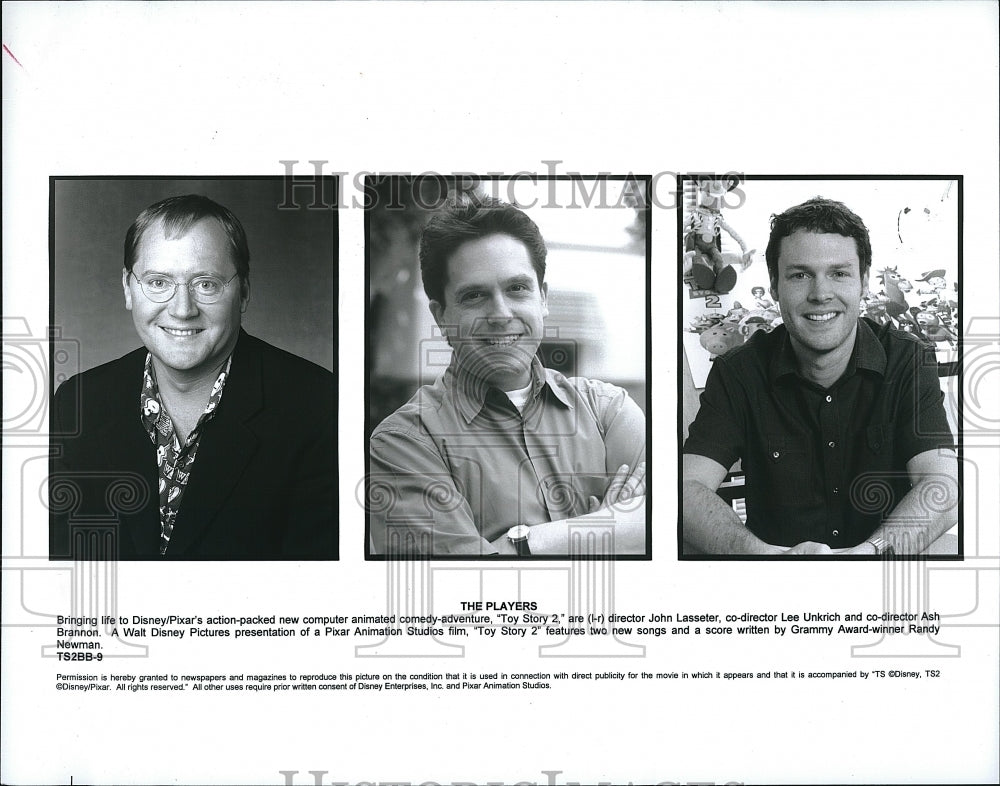 1999 Press Photo Toy Story 2 John Lasseter Director Lee Unkrich Ash Brannon- Historic Images