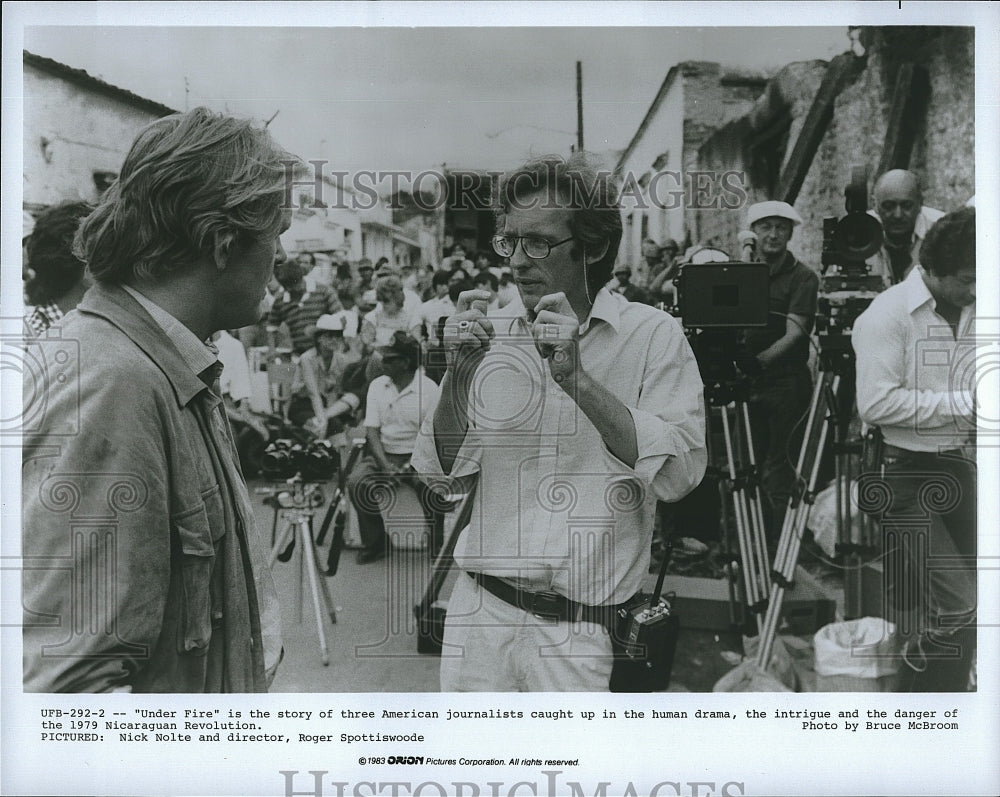 1983 Press Photo Nick Nolte, Director Roger Spottiswoode, &quot;Under Fire&quot;- Historic Images