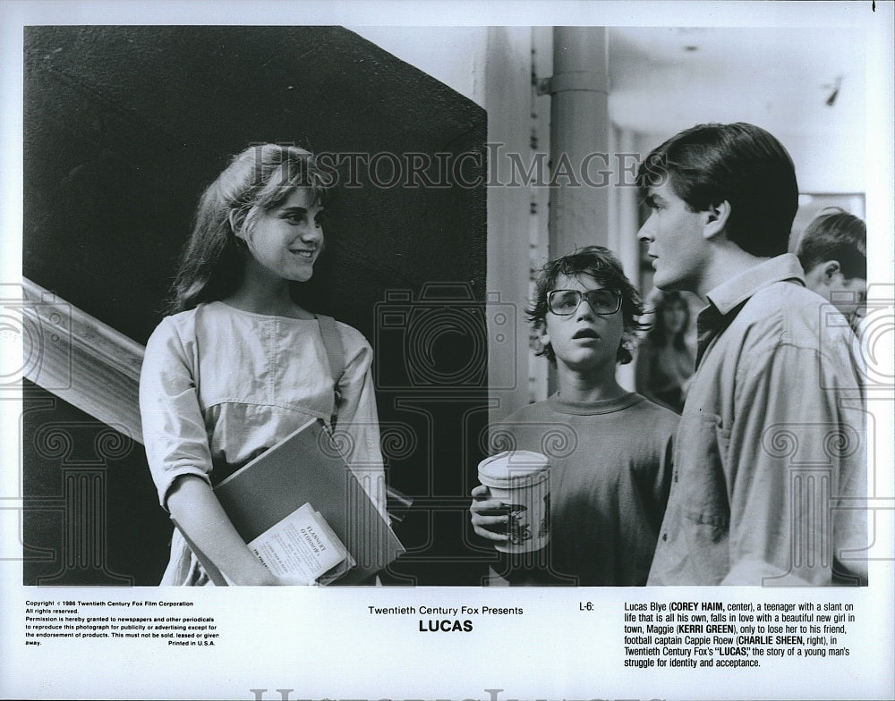 1986 Press Photo &quot;Lucas&quot;Corey Haim,Kerri Green, Charlie Sheen- Historic Images