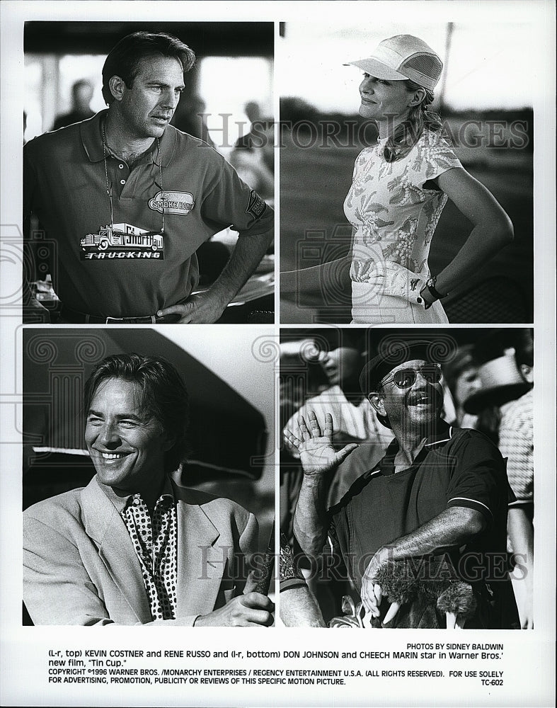 1996 Press Photo Kevin Costner, Rene Russo, Don Jonson, Cheech Marin in &quot;Tin Cup- Historic Images