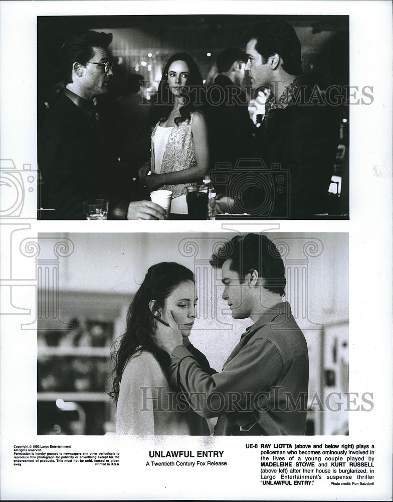 1992 Press Photo Ray Liotta, Madeleine Stowe, Kurt Russell &quot;Unlawful Entry&quot;- Historic Images