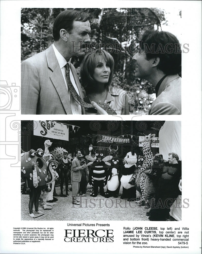 1996 Press Photo John Cleese, Jamie Lee Curtis, Kevin Kline &quot;Fierce Creatures&quot;- Historic Images