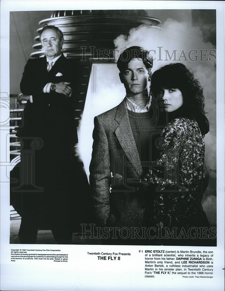 1989 Press Photo Eric Stoltz, Daphne Zuniga &amp; Lee Richardson stars in &quot;The Fly 2- Historic Images