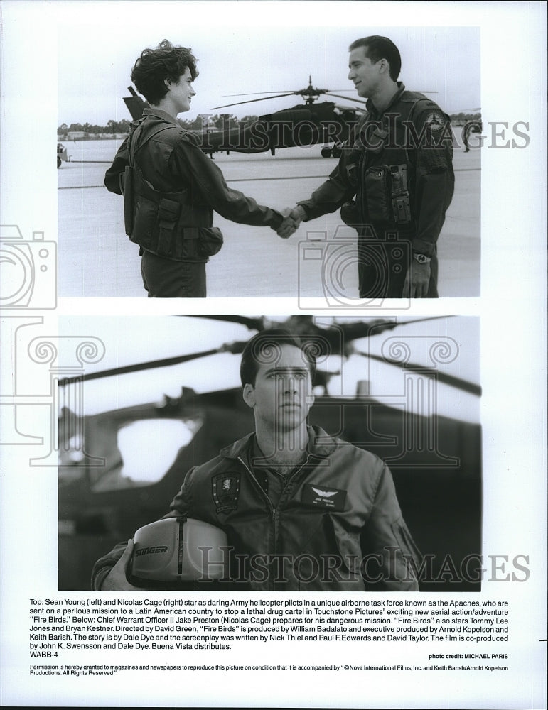 Press Photo Sean Young Actress Nicolas Cage Actor Fire Birds Action Movie Film- Historic Images