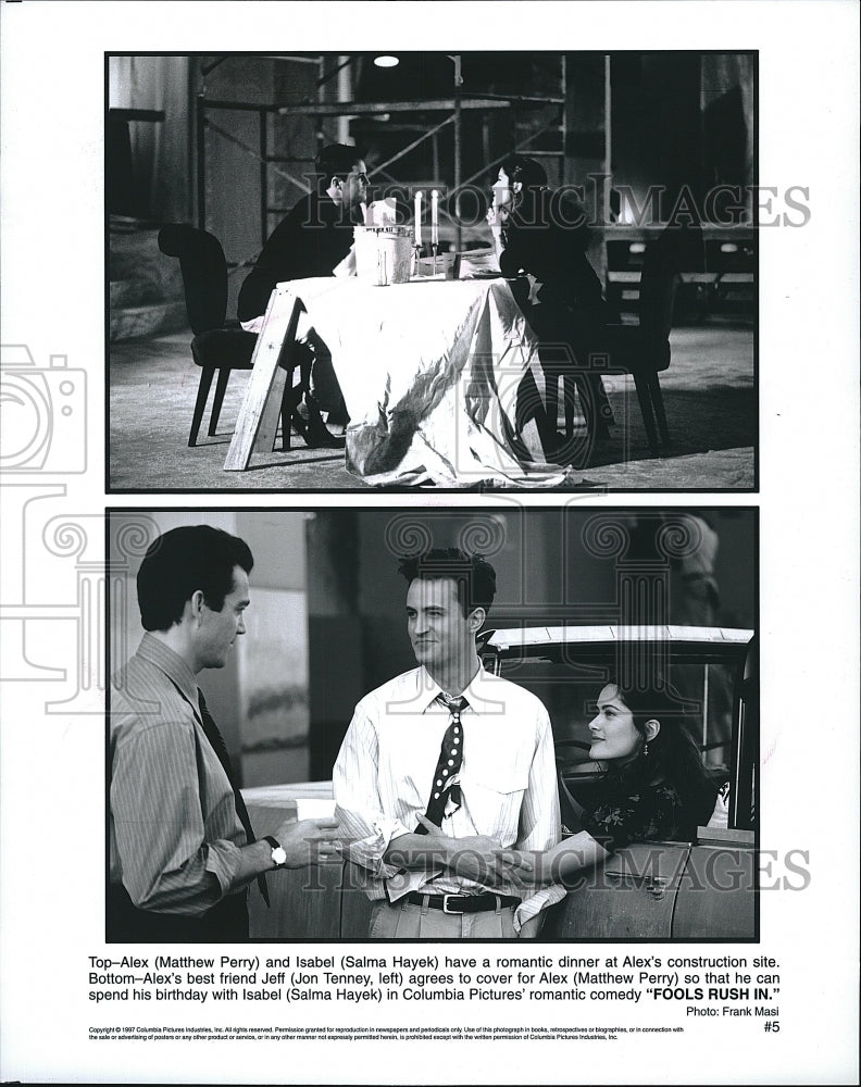 1997 Press Photo Matthew Perry, Salma Hayek & Jon Tenney in "Fools Rush In" - Historic Images