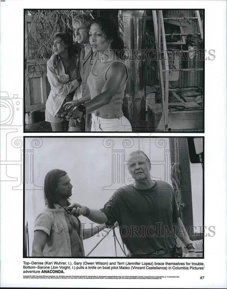 1990 Press Photo Kari Wuhrer, Owen Wilson & Jennifer Lopez stars in "Anaconda"- Historic Images