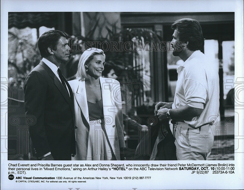 1987 Press Photo Chad Everett, Priscilla Barnes, James Brolin, &quot;Hotel&quot;- Historic Images