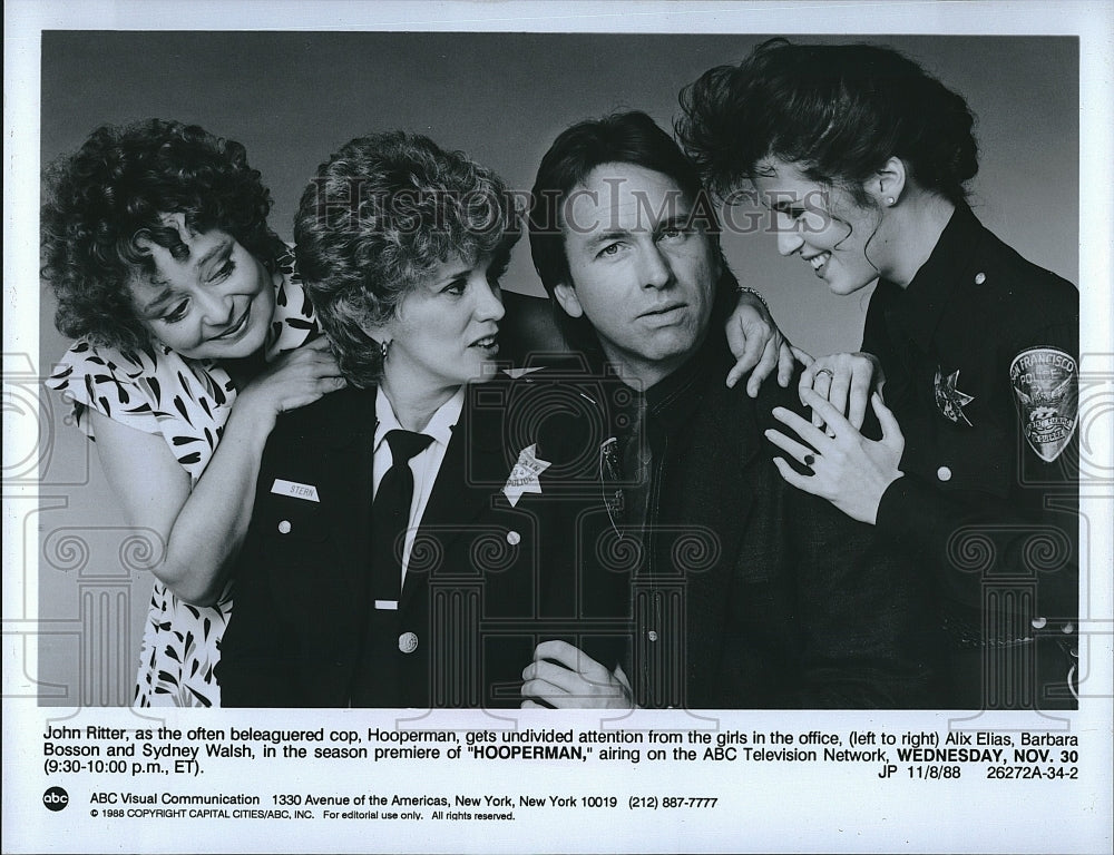 1988 Press Photo Actor John Ritter, Alix Elias, Barbara Bosson, Sydney Walsh- Historic Images