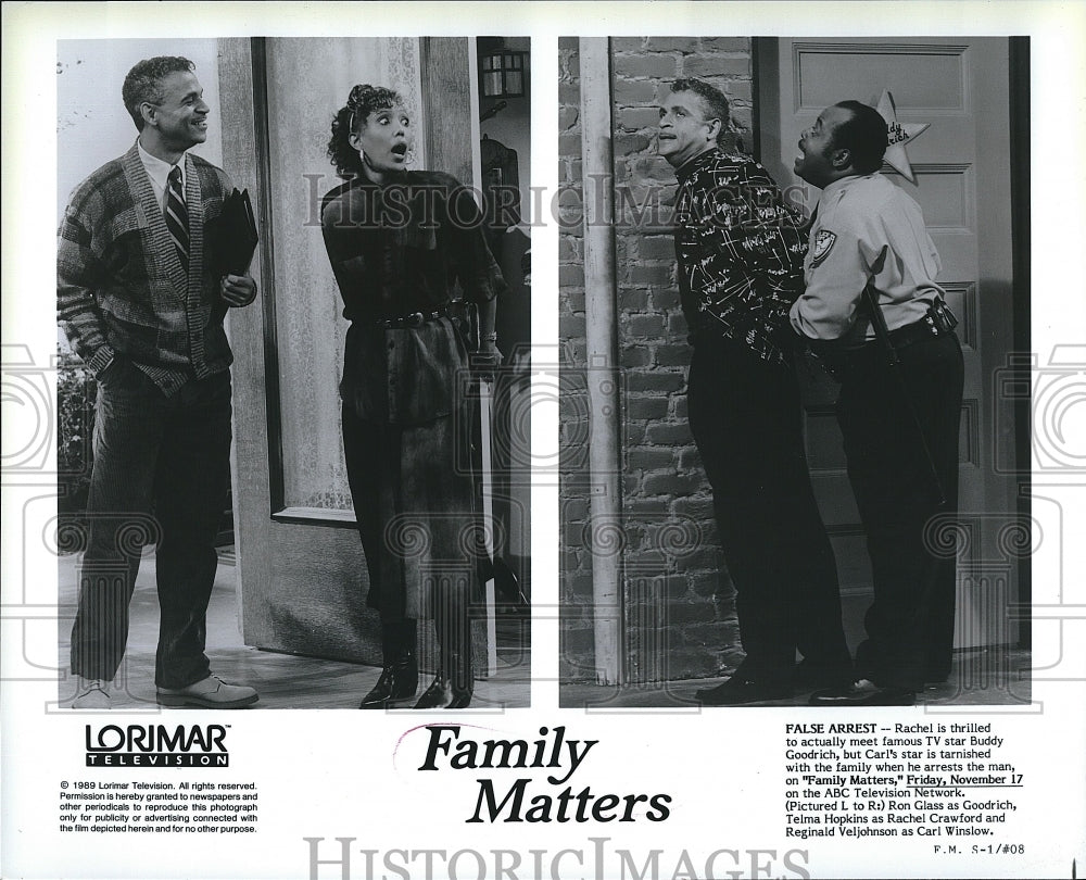 1989 Press Photo Ron Glass, Telma Hopkins,Reginald Veljohson in Family Matters- Historic Images