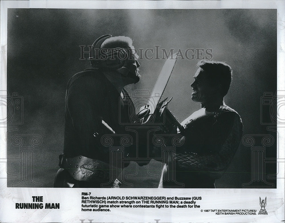 1987 Press Photo Arnold Schwarzenegger, Gus Rethwisch, &quot;The Running Man&quot;- Historic Images