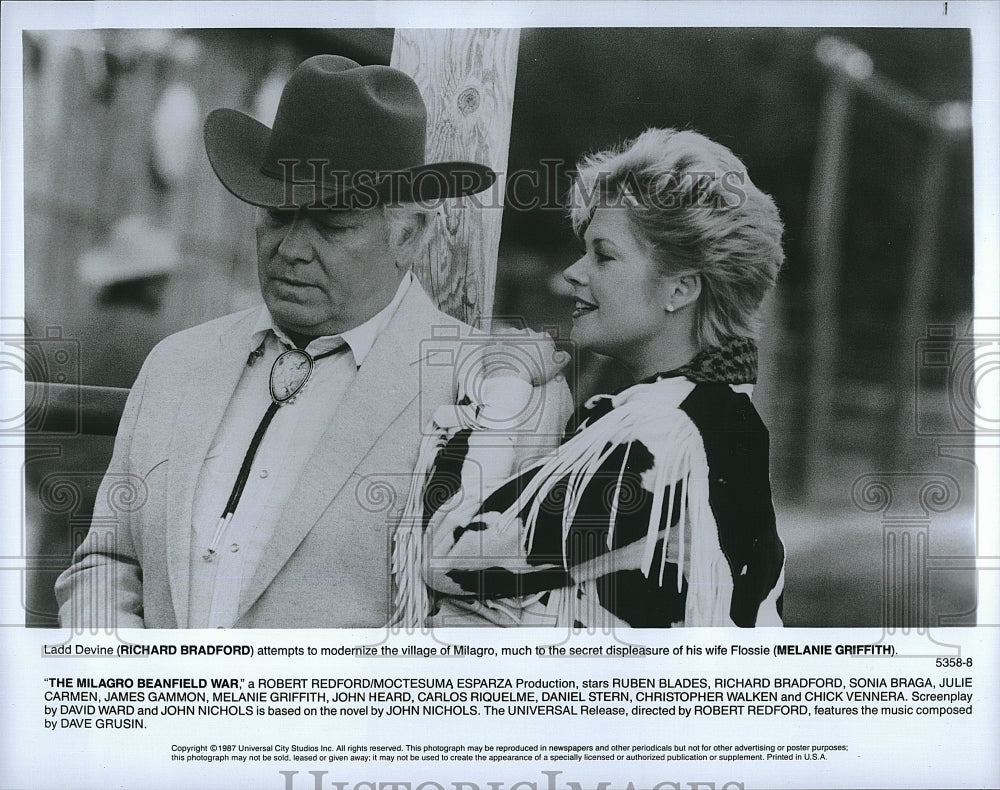 1987 Press Photo Richard Bradford, Melanie Griffith, &quot;The Milagro Beanfield War&quot;- Historic Images