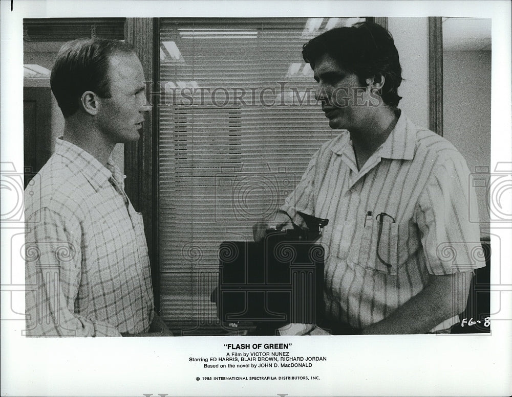 1985 Press Photo Ed Harris, Blair Brown &amp; Richard Jordan in &quot;Flash of Green&quot;- Historic Images