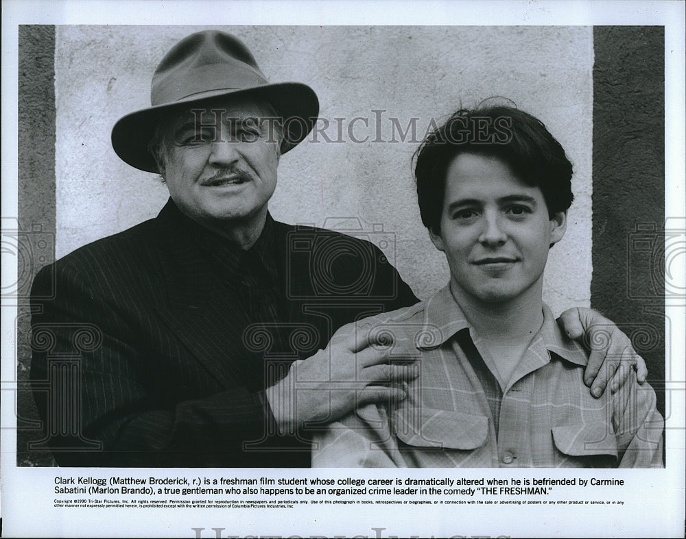 1991 Press Photo Matthew Broderick &amp; Marlon Brando star in &quot;The Freshman&quot; - Historic Images