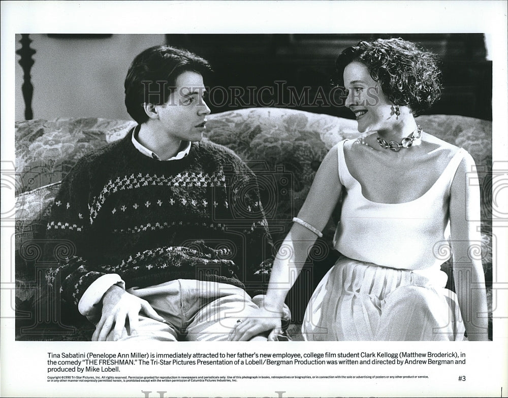 1990 Press Photo Penelope Ann Miller &amp; Matthew Broderick star in &quot;The Freshman&quot; - Historic Images