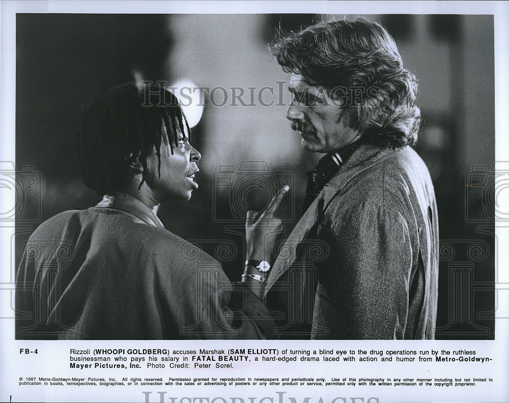 1987 Press Photo Actress Whoopi Goldberg &amp; Sam Elliott in &quot;Fatal Beauty&quot;- Historic Images