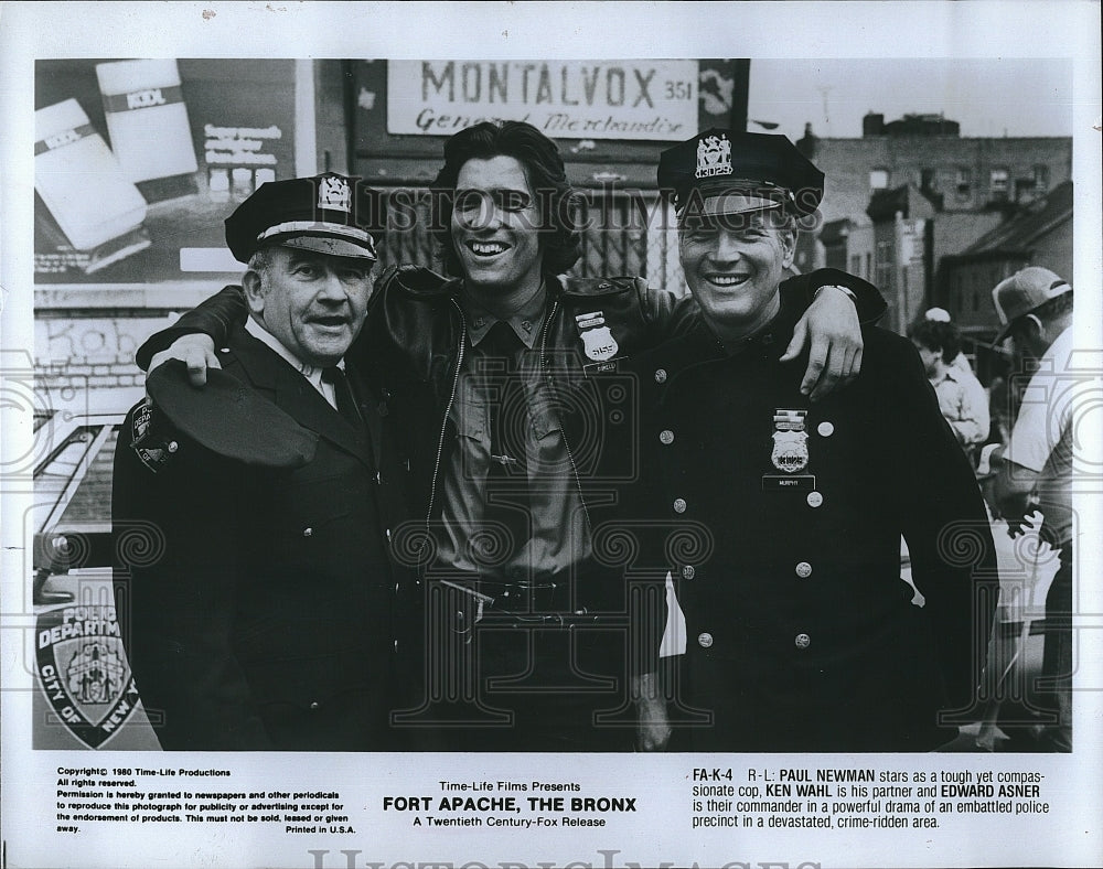 1980 Press Photo Paul Newman Ken Wahl Edward Asner in &quot;Fort Apache, The Bronx&quot;- Historic Images