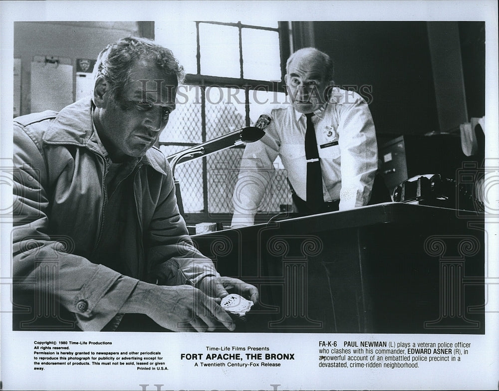 1980 Press Photo Actors Paul Newman and Edward Asner &quot;Fort Apache, The Bronx&quot;- Historic Images