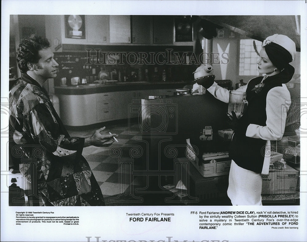 1990 Press Photo Actor Andrew Dice Clay &amp; Priscilla Presley In &quot;Ford Fairlane&quot;- Historic Images