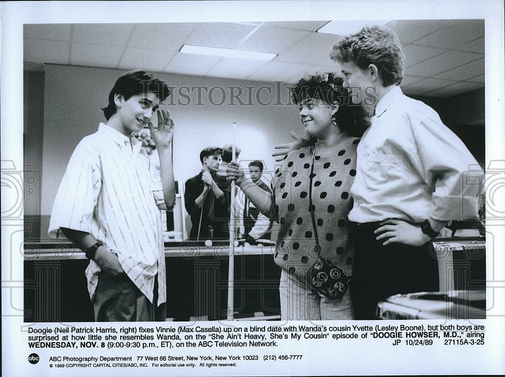 1989 Press Photo Neil Patrick Harris, Max Casella, Lesley Boone- Historic Images