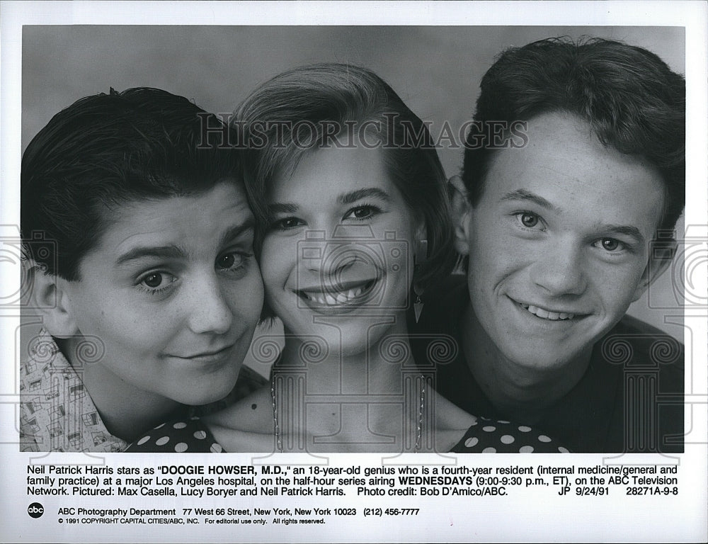 1991 Press Photo Neil Patrick Harris, Max Casella, Lucy Boryer- Historic Images