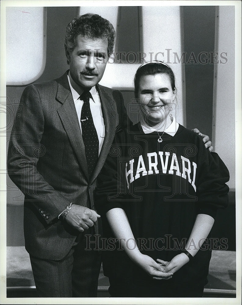 1989 Press Photo Alex Trebek &amp; Kristine Zaleskas In Jeopardy!- Historic Images