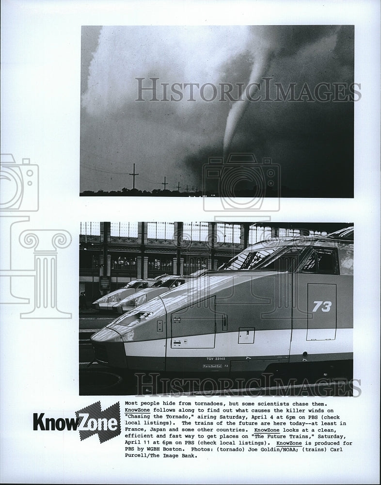 Press Photo Tornado and Trains on &quot;Knowzone&quot; &quot;Chasing the Tornado&quot;- Historic Images