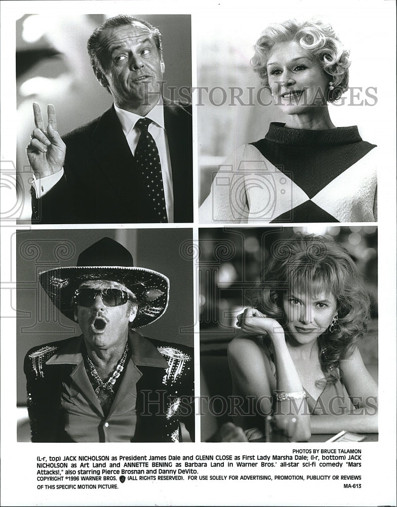 1996 Press Photo Actor Jack Nicholson, Glenn Close, Annette Benning, Mars Attack- Historic Images