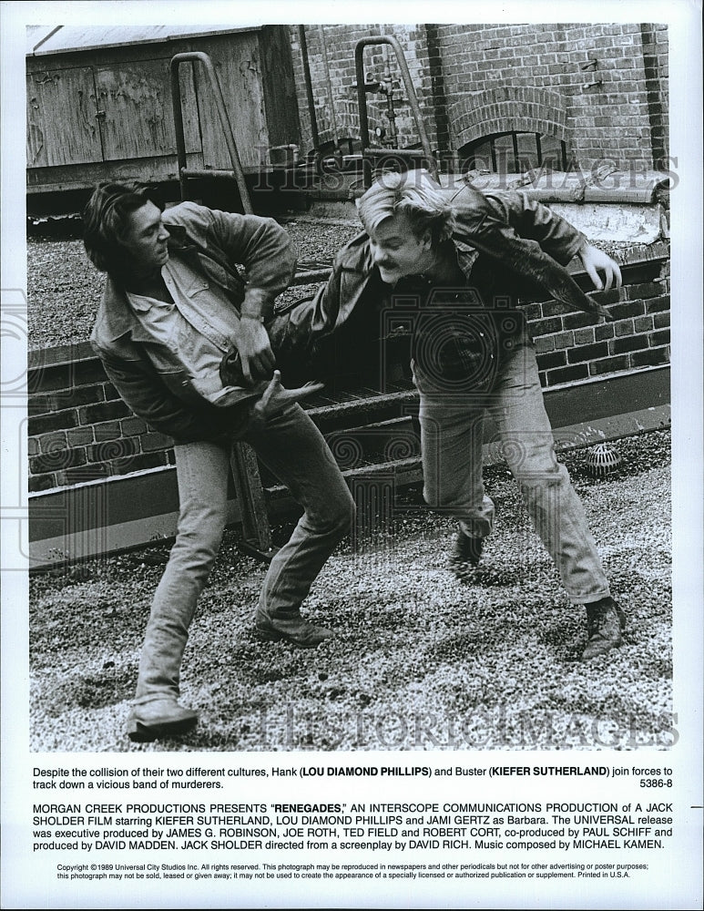 1989 Press Photo Lou Diamond Lou Diamon Phillips Kiefer Sutherland Renegades- Historic Images