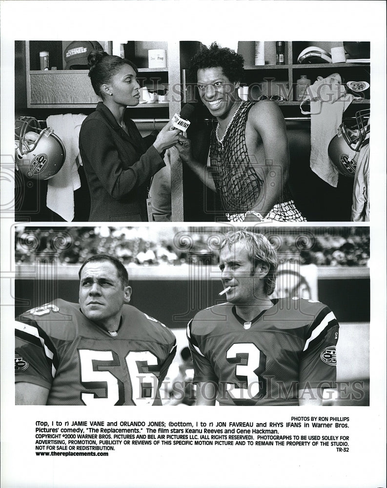 2000 Press Photo Jamie Vane, Orlando Jones &amp; Jon Favreau in &quot;The Replacements&quot; - Historic Images