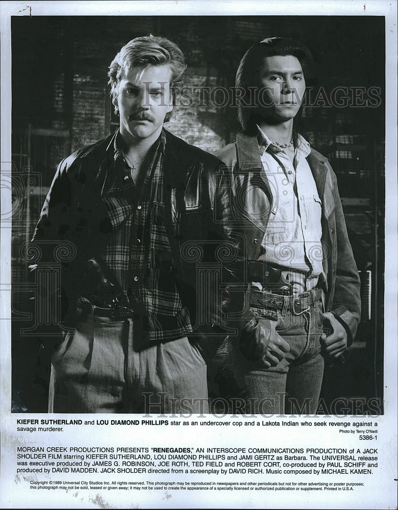 1989 Press Photo Kiefer Sutherland Actor Lou Diamond Phillips Renegades Film- Historic Images