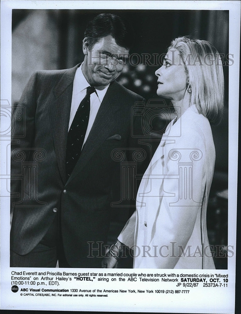 1987 Press Photo Chad Everett &amp; Priscilla Barnes stars in &quot;Hotel&quot;- Historic Images