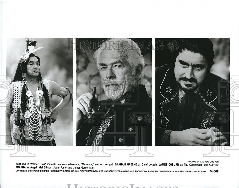 1994 Press Photo G. Greene, James Coburn, Alfred Molina &quot;Maverick&quot;