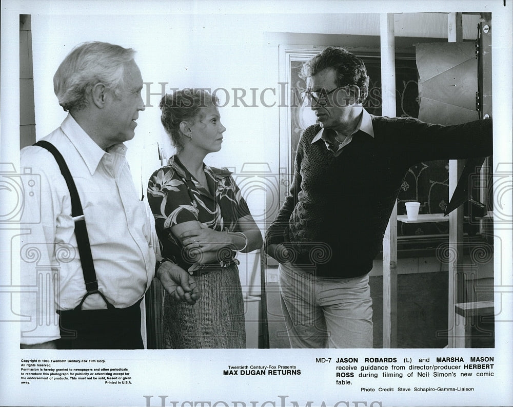 1983 Press Photo Marsha Mason, Jason Robards, Herbert Ross &quot;Max Dugan Returns&quot;- Historic Images