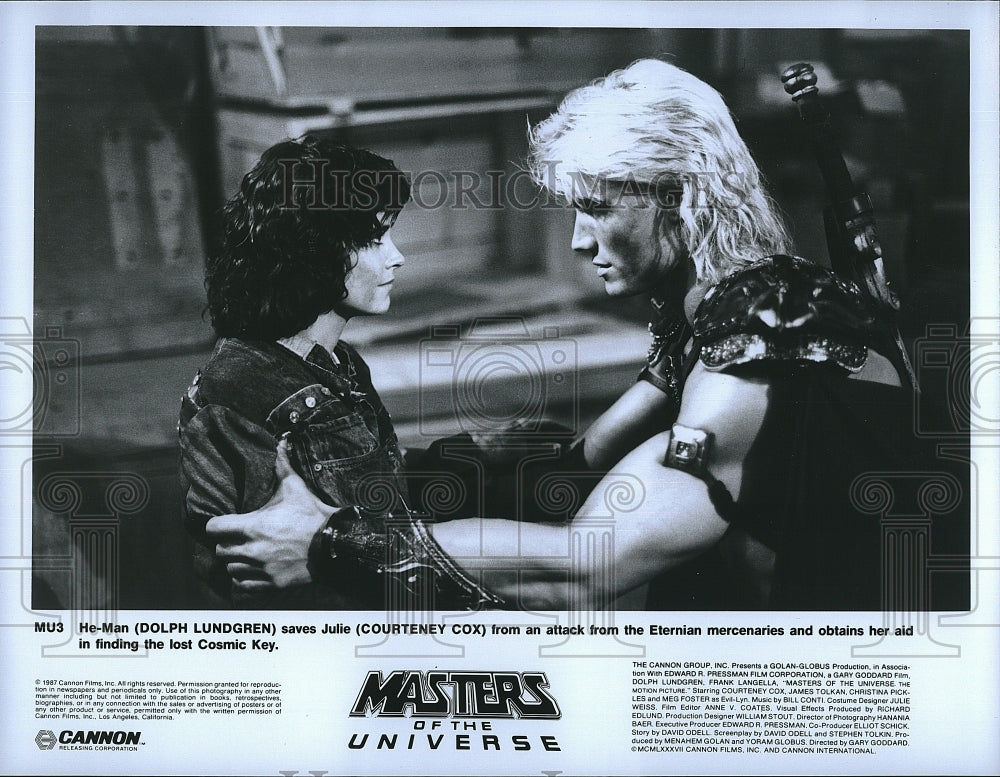 1987 Press Photo Dolph Lundgren, Courteney Cox, &quot;Masters of the Universe&quot;- Historic Images