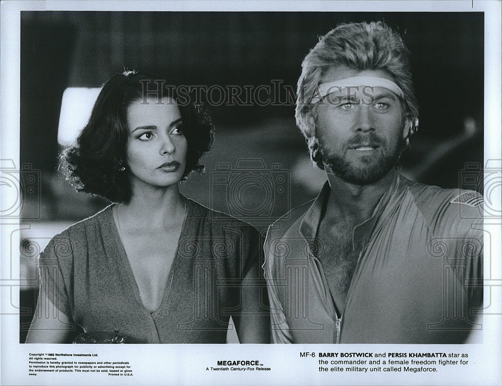 1982 Press Photo Barry Bostwick &amp; Persis Khambatta Star In &quot;Megaforce&quot;- Historic Images