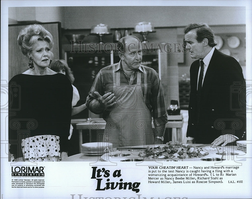 1988 Press Photo Marian Mercer,Richard Stahl, James Luise in &quot;It&#39;s a Living&quot;.- Historic Images