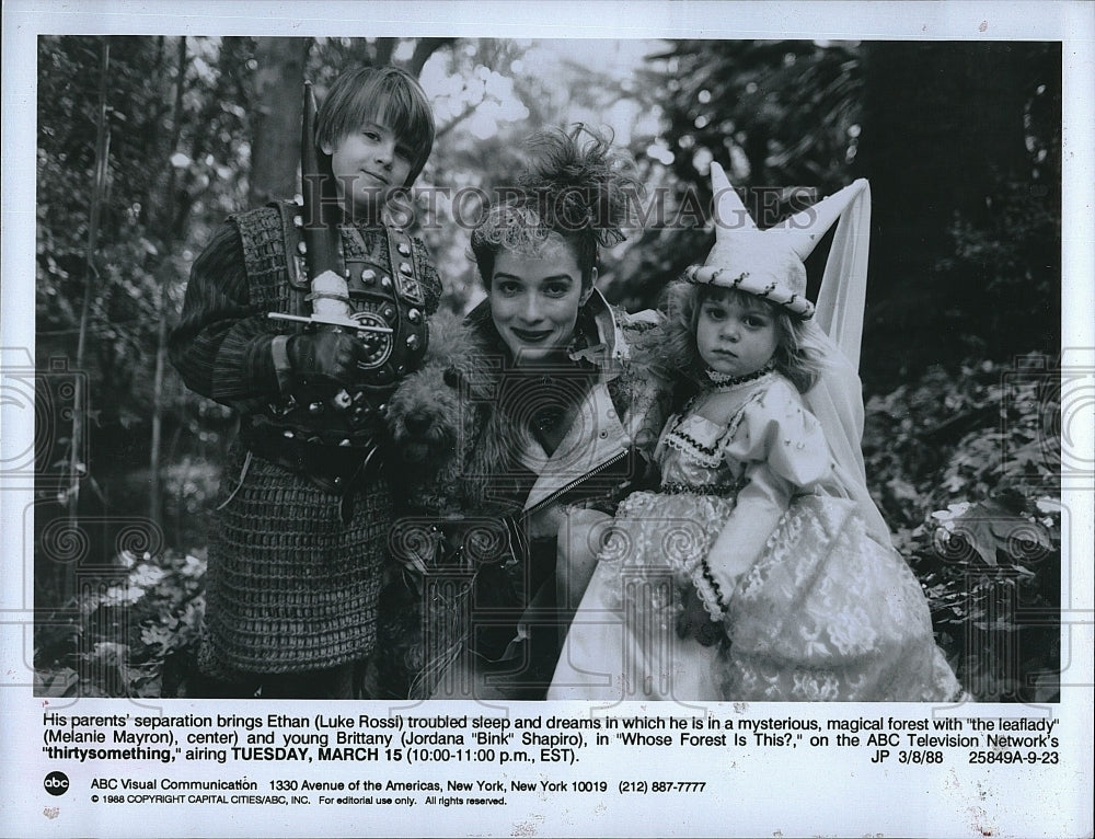 1988 Press Photo Luke Rossi, Melanie Mayron, Jordana &quot;Bink&quot; Shapiro- Historic Images