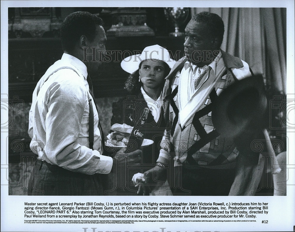 1987 Press Photo Bill Cosby, Victoria Rowell &amp; Moses Gunn in &quot;Leonard Part 6&quot;- Historic Images