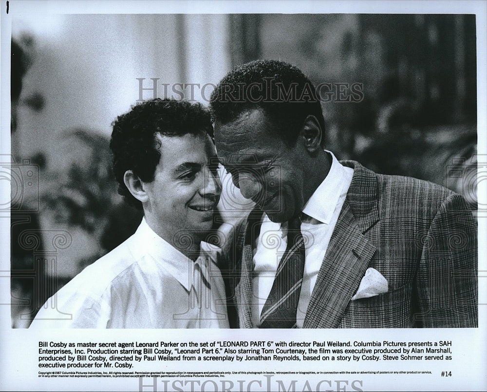 1987 Press Photo Bill Cosby stars in &quot;Leonard Part 6&quot; w/ Director Paul Weiland- Historic Images