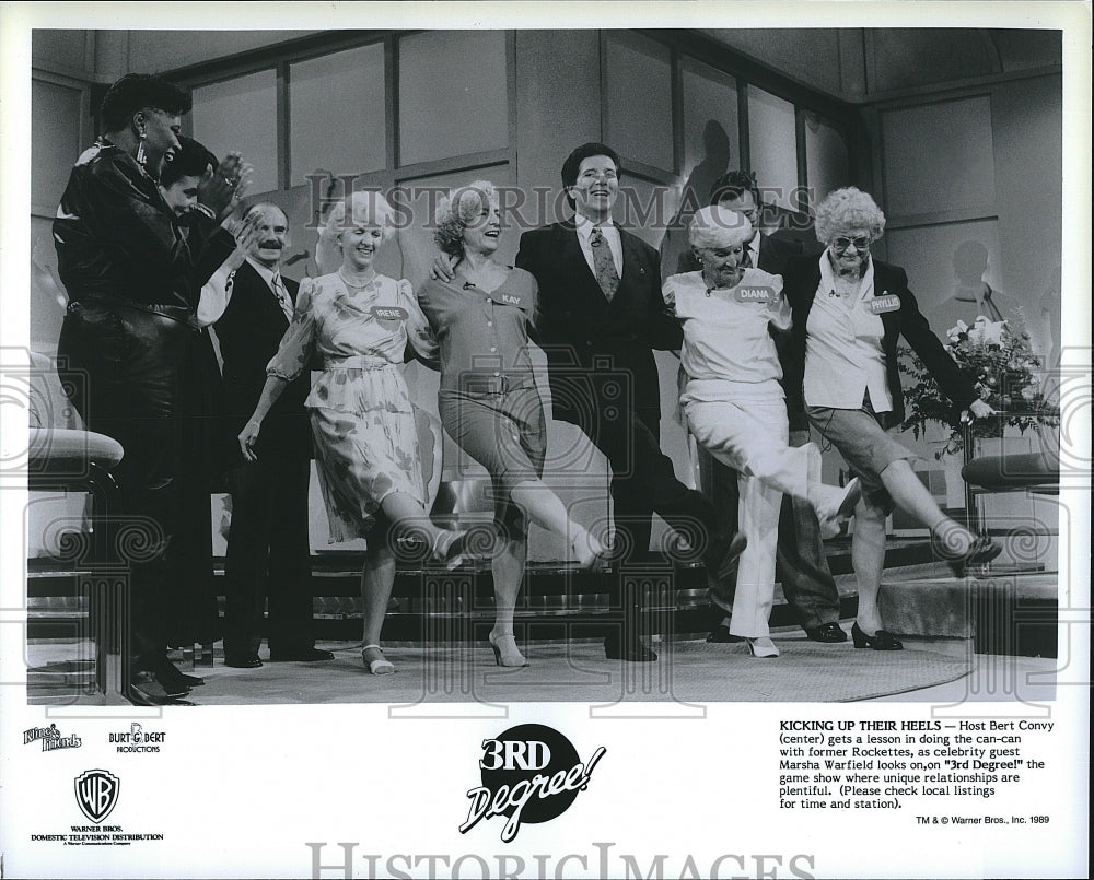 1989 Press Photo Host Bert Convy with Rockettes, Marsha Warfield in&quot;3rd Degree&quot;.- Historic Images