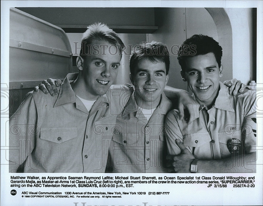 1988 Press Photo Actor Matthew Walker, Michael Stuart Sharrett and Gerardo Mejia- Historic Images