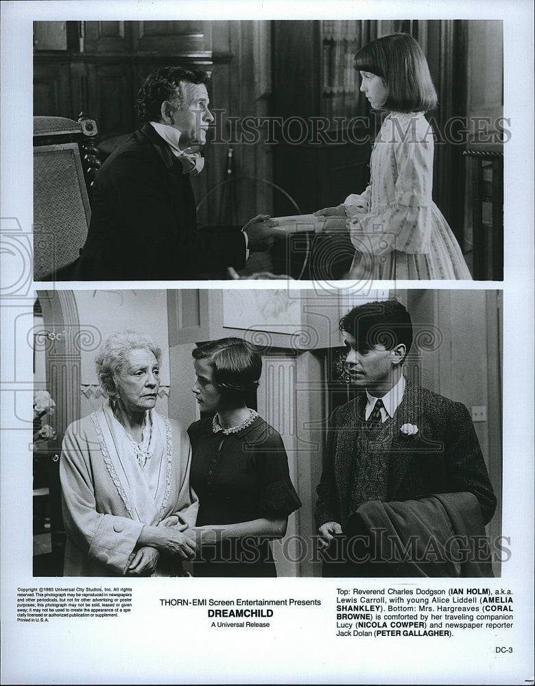 1985 Press Photo &quot;Dreamchild&quot; Ian Holm,Amelia Shankley,Coral Browne,Cowper- Historic Images