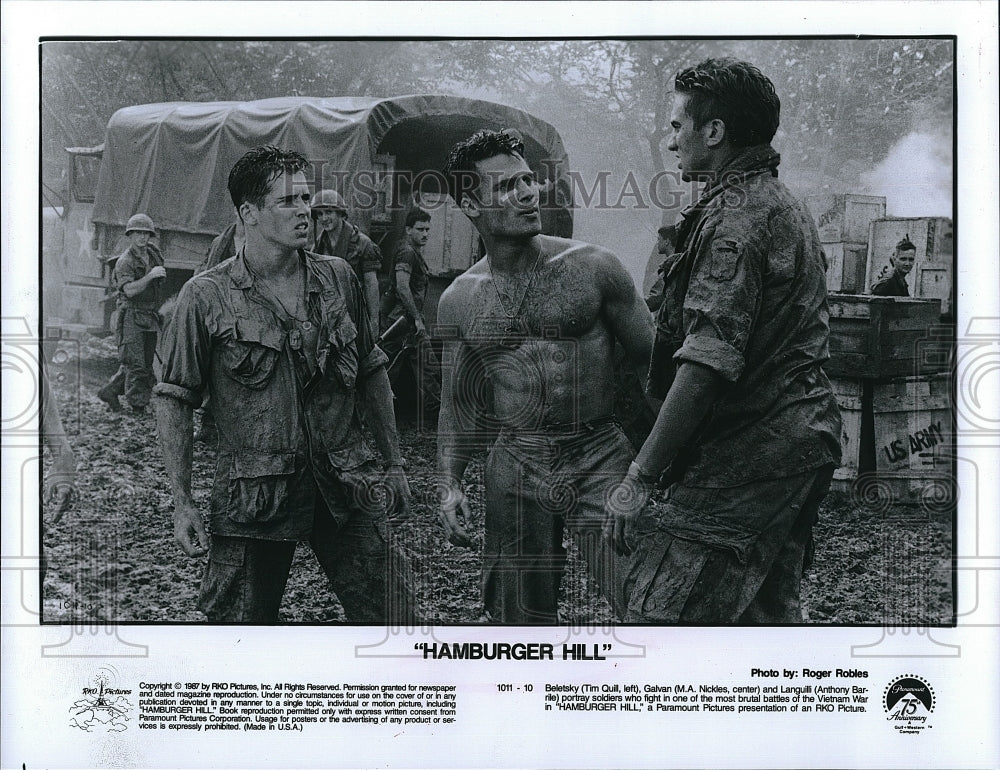 1987 Press Photo Tim Quill, M. A. Nickles, A. Barrile &quot;Hamburger Hill&quot;- Historic Images