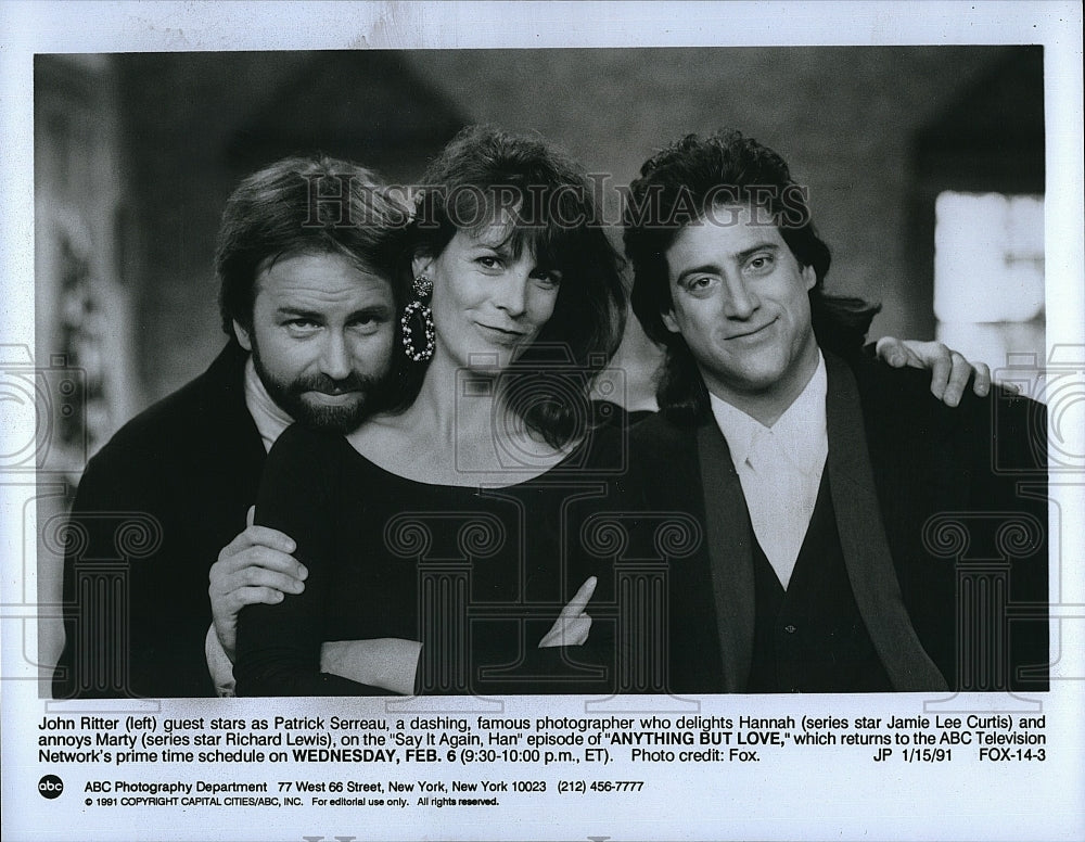 1991 Press Photo John Ritter, Jamie Lee Curtis, R. Lewis &quot;Anything But Love&quot;- Historic Images