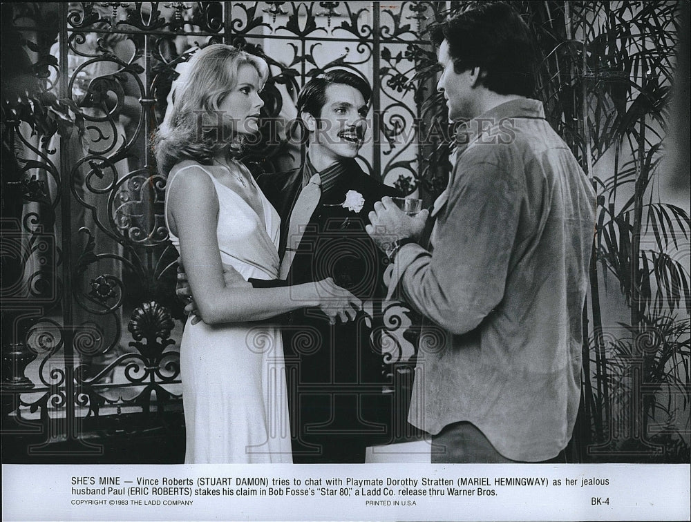 1983 Press Photo Actor Stuart Damon, Mariel Hemingway, Eric Roberts In Star 80- Historic Images