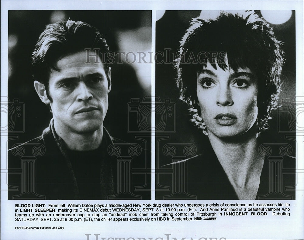 1992 Press Photo Willem Dafoe &quot;Light Sleeper&quot; Anne Parillaud &quot;Innocent Blood&quot;- Historic Images