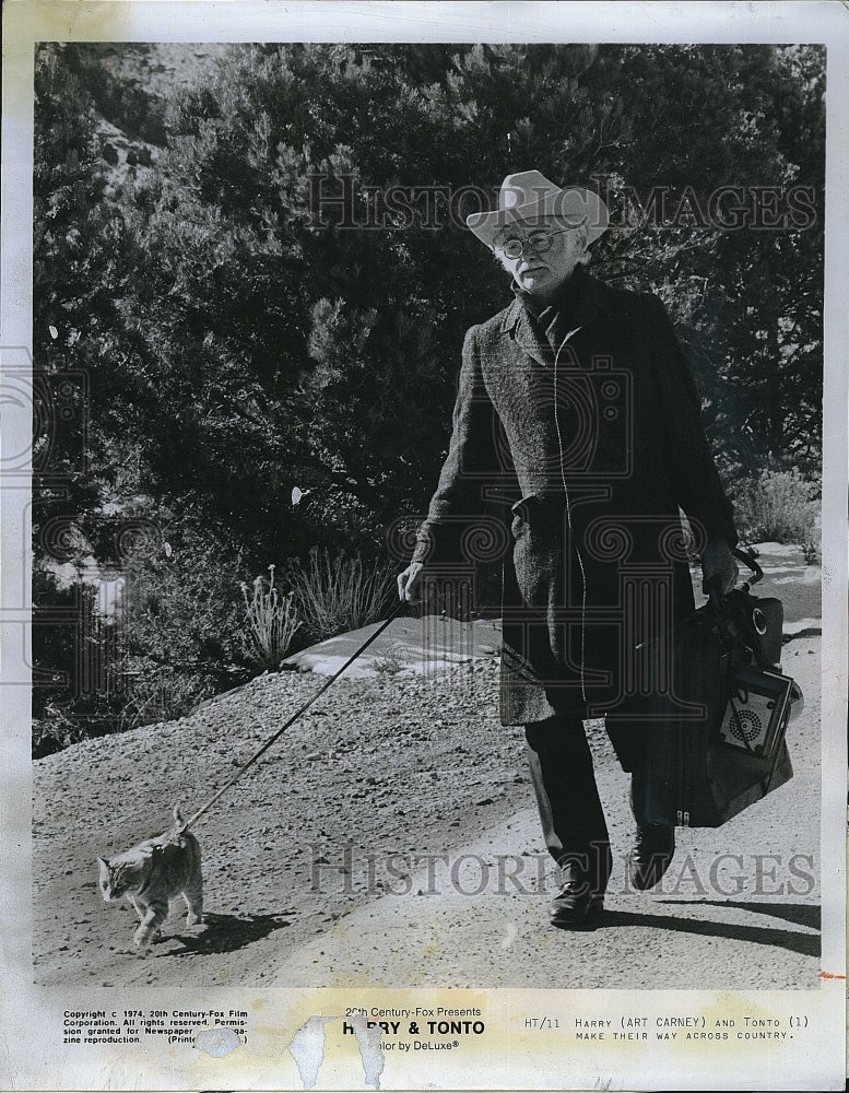 1974 Press Photo Art Carney and cat Tonto in &quot;Harry and Tonto&quot;.- Historic Images